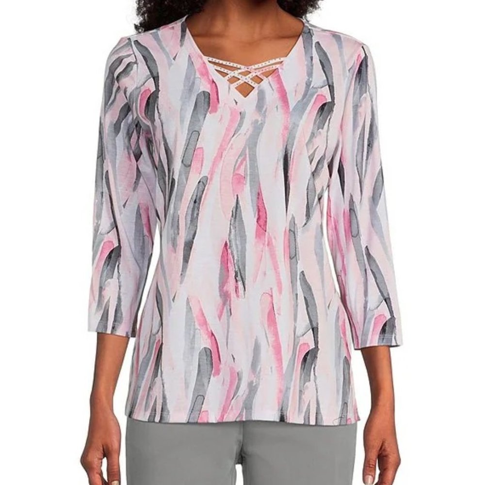 Allison Daley Brushed Stripe Print 3/4 Sleeve Rhinestone Crisscross Top NWT
